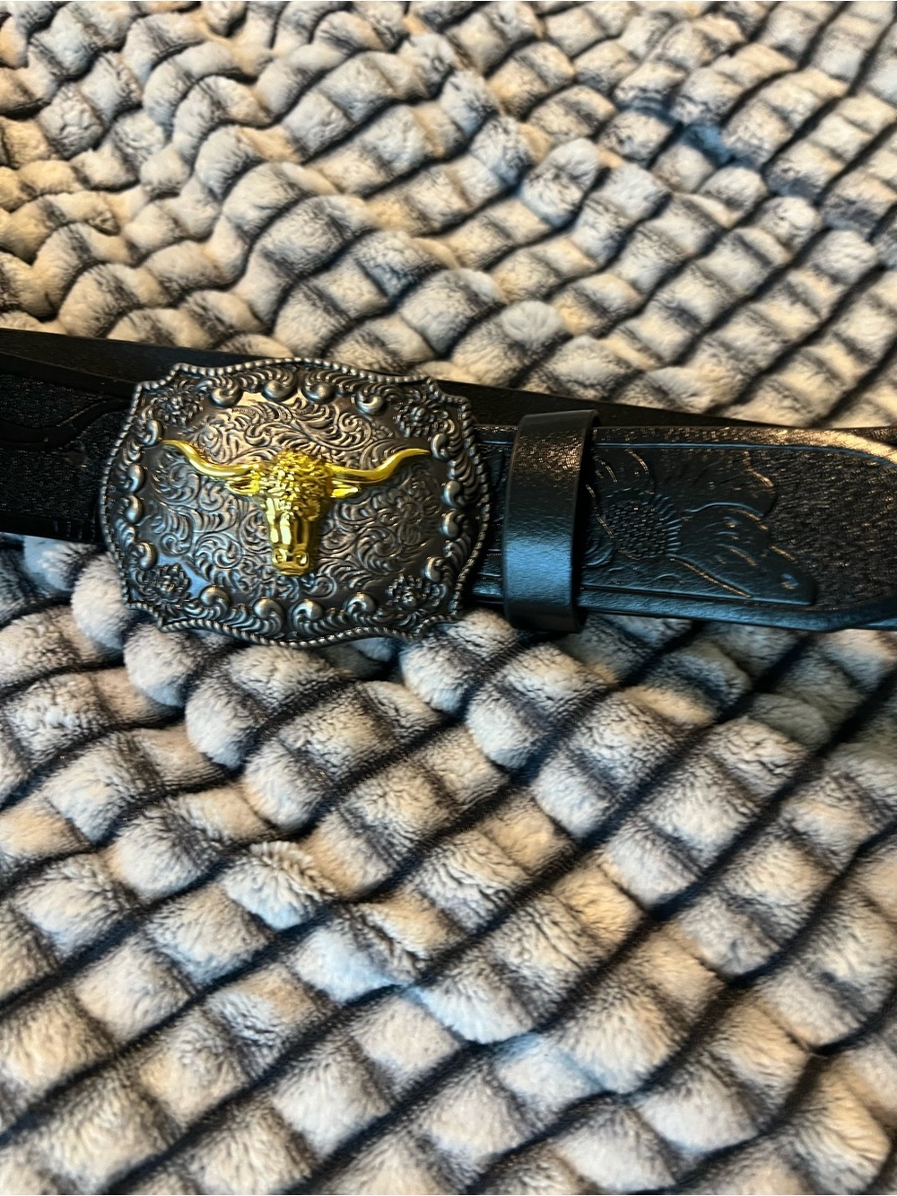 Western Black Leather Belt with Gold Longhorn Buckle